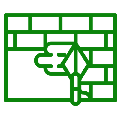 Brick wall with trowel icon, green outline.