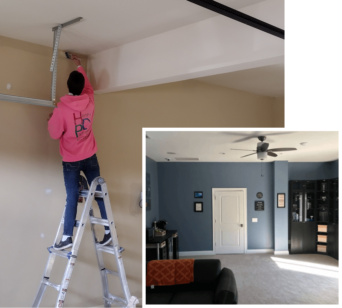 A man on a ladder painting the ceiling of a room.